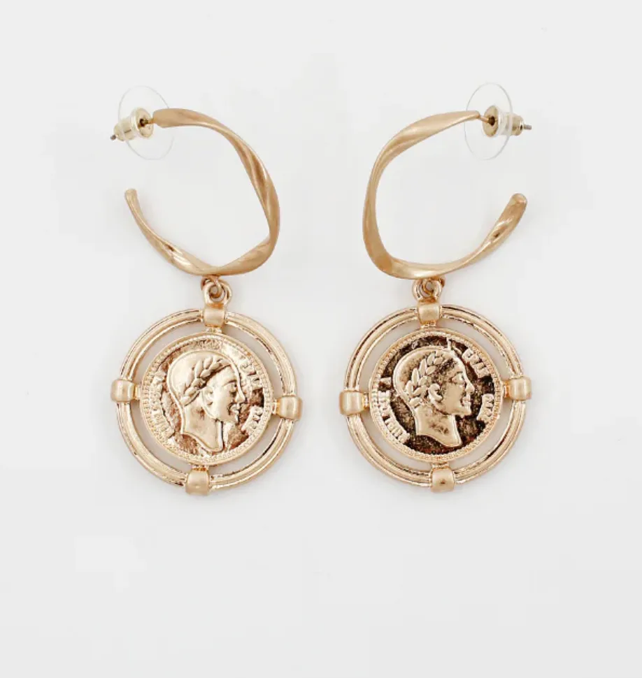 Small Gold Hoop Earrings with Worn Gold Coin