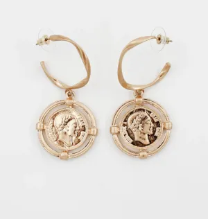 Small Gold Hoop Earrings with Worn Gold Coin