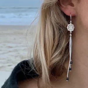Sri Yantra Sacred Geometry Earrings silver chain & Lava Stone