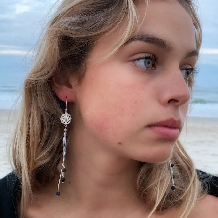 Sri Yantra Sacred Geometry Earrings silver chain & Lava Stone