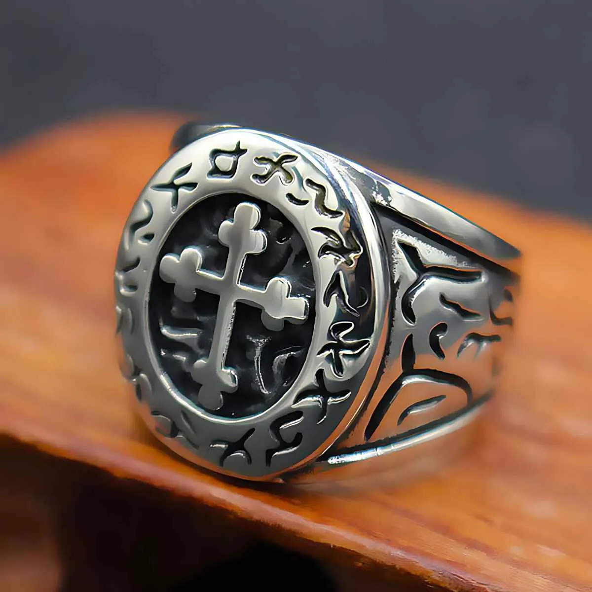 Stainless Steel Crucifix Signet Ring