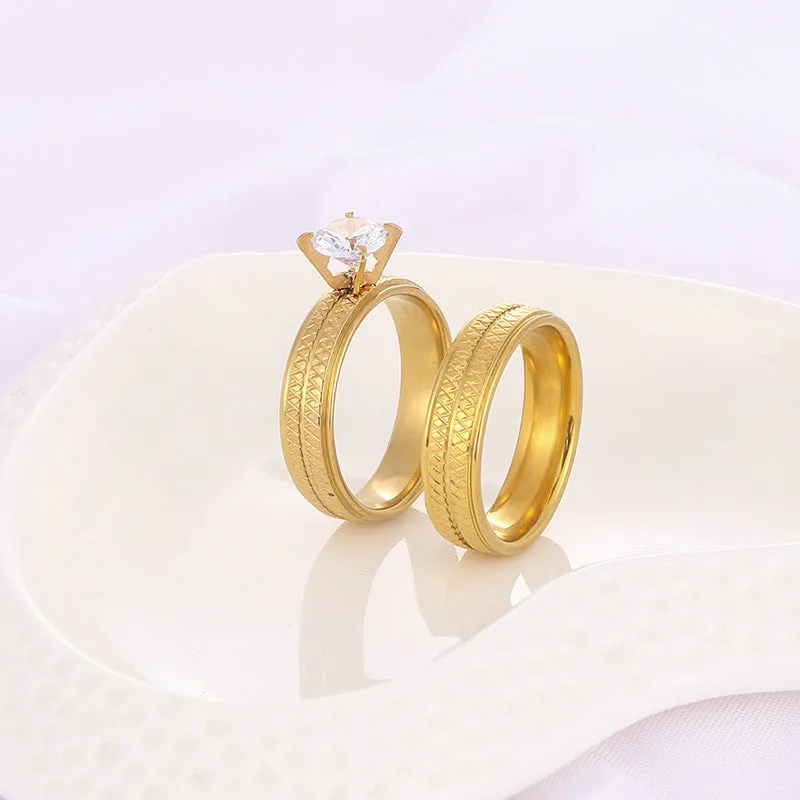 Stainless Steel Diamond  Pattern Couple Rings