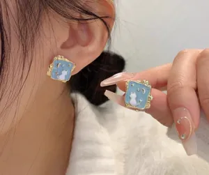 Starry Cat Enamel Blue Irregular-Shaped Earrings - Fun Feline Jewelry for Cosmic Style, gift for cat lovers, playful jewelry