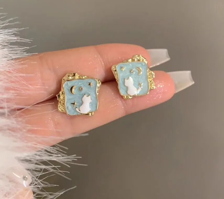 Starry Cat Enamel Blue Irregular-Shaped Earrings - Fun Feline Jewelry for Cosmic Style, gift for cat lovers, playful jewelry