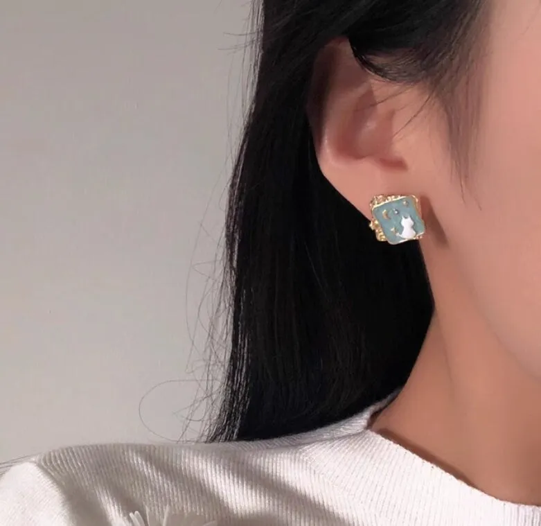 Starry Cat Enamel Blue Irregular-Shaped Earrings - Fun Feline Jewelry for Cosmic Style, gift for cat lovers, playful jewelry