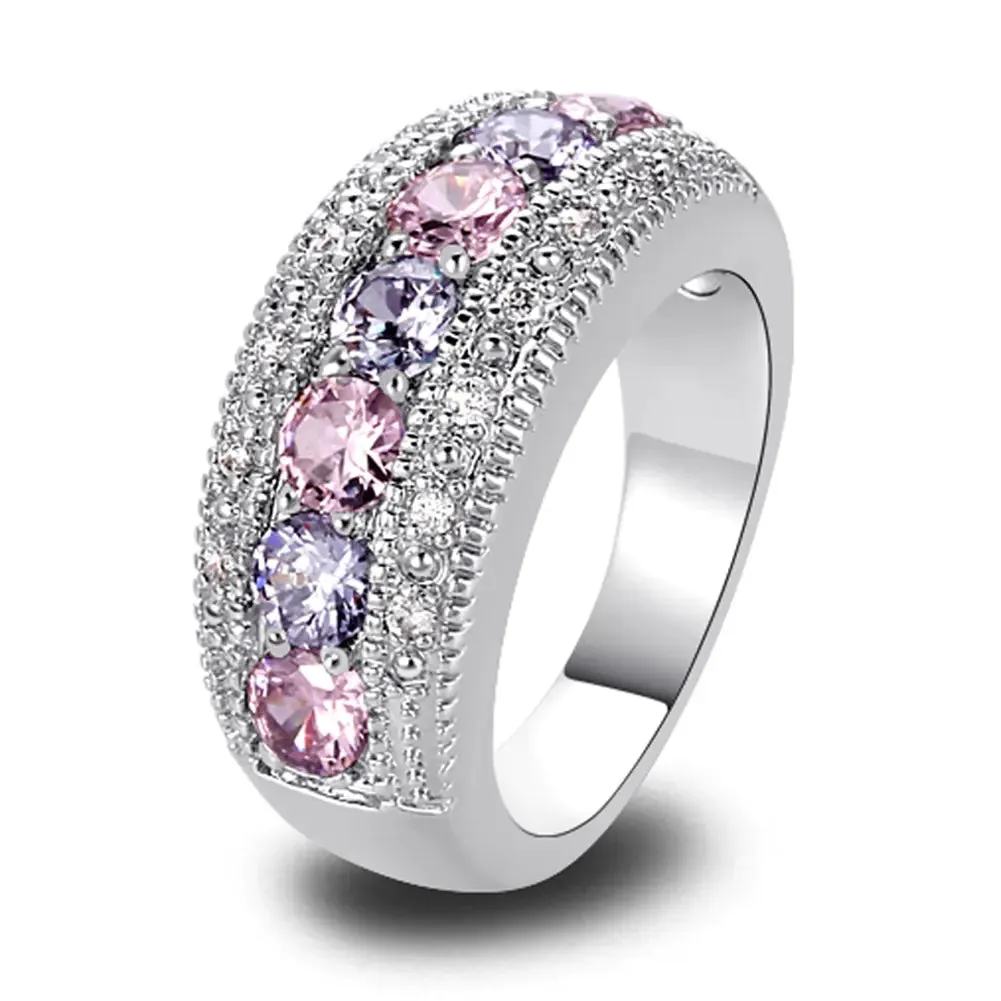 Sterling SilverRound Created Pink Topaz & Amethyst Vintage Style Ring Band Statement Cocktail Ring Size 6