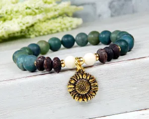 Sunflower Bracelet - Nature Jewelry - Green Beaded Earthy Bracelet