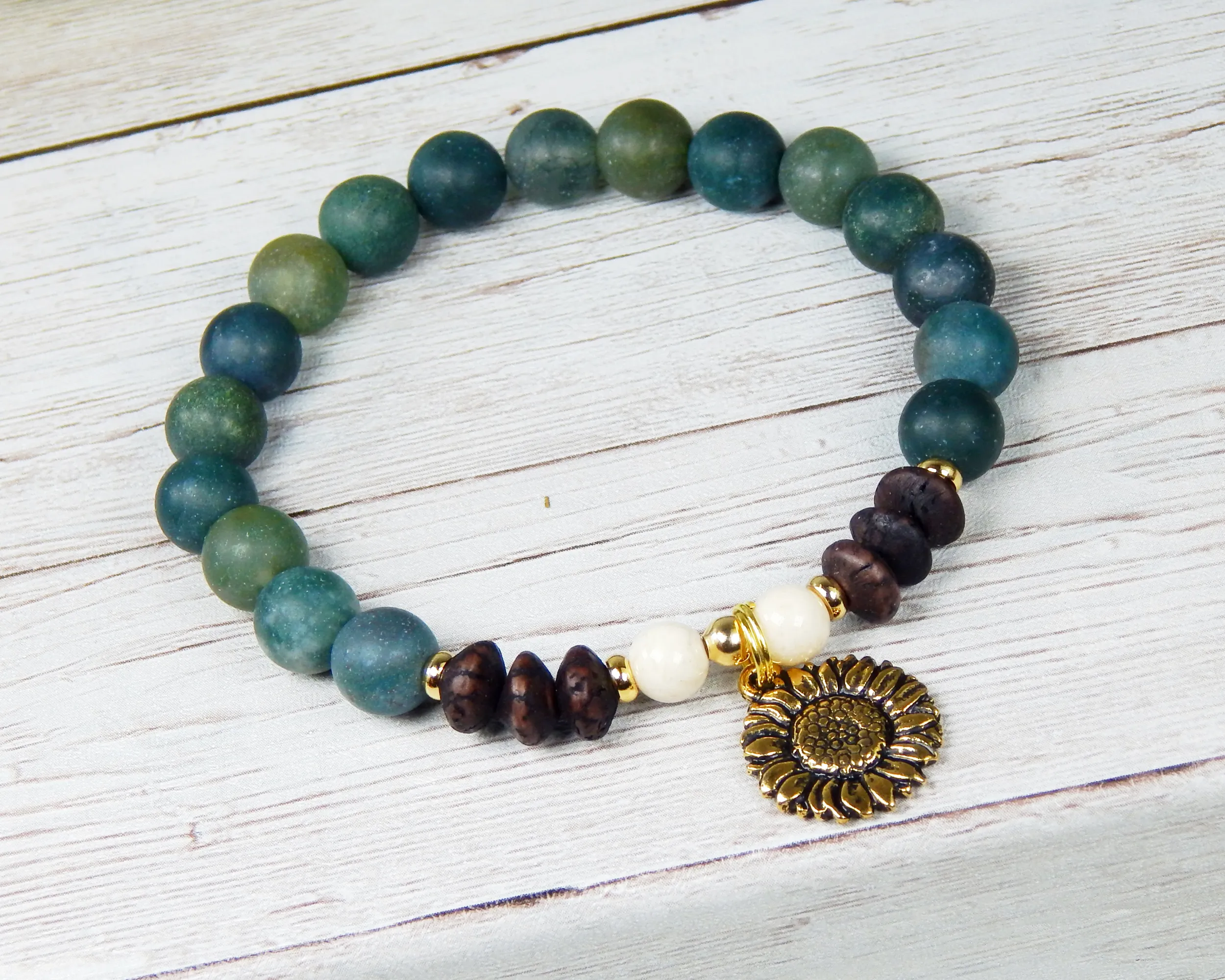Sunflower Bracelet - Nature Jewelry - Green Beaded Earthy Bracelet