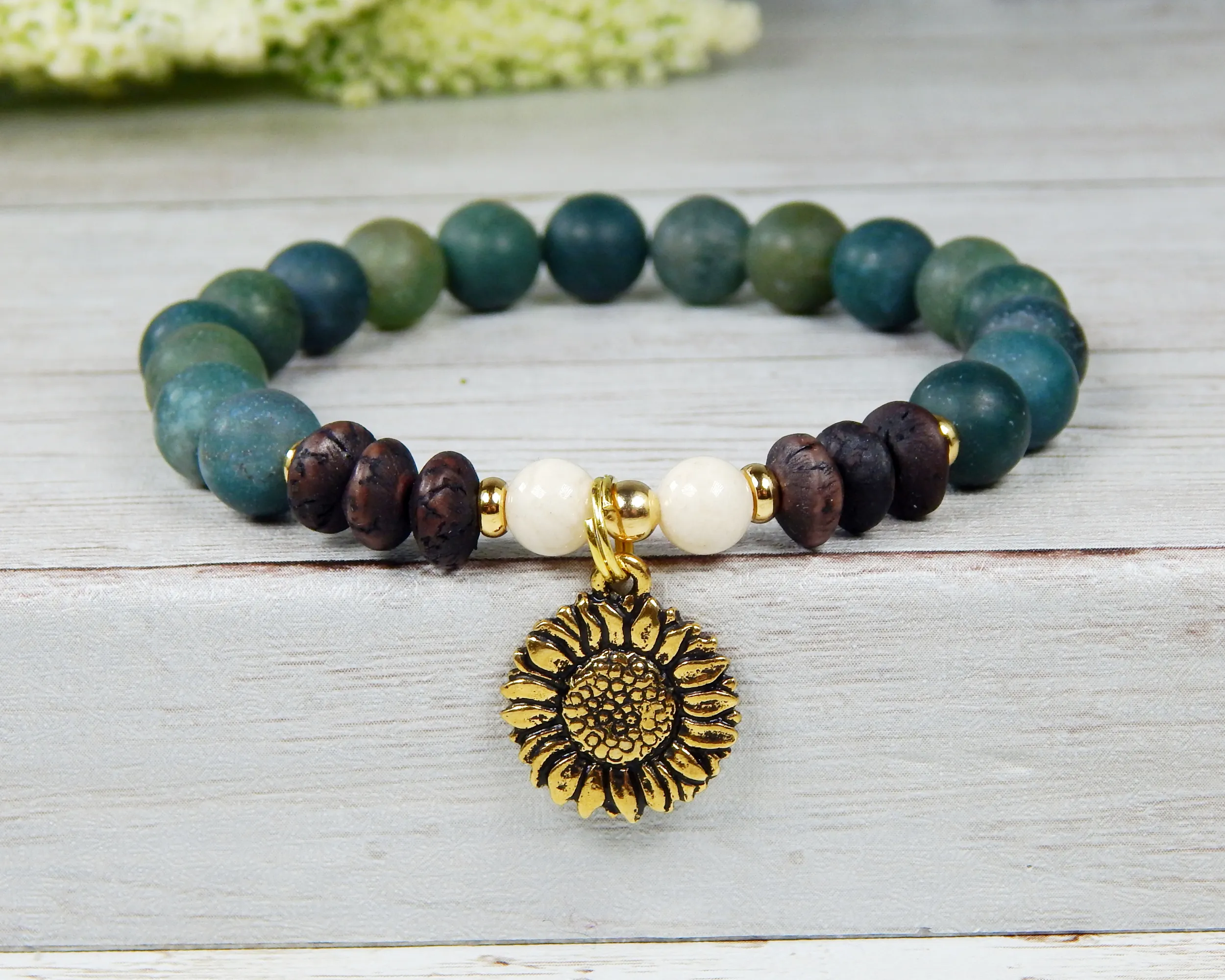 Sunflower Bracelet - Nature Jewelry - Green Beaded Earthy Bracelet