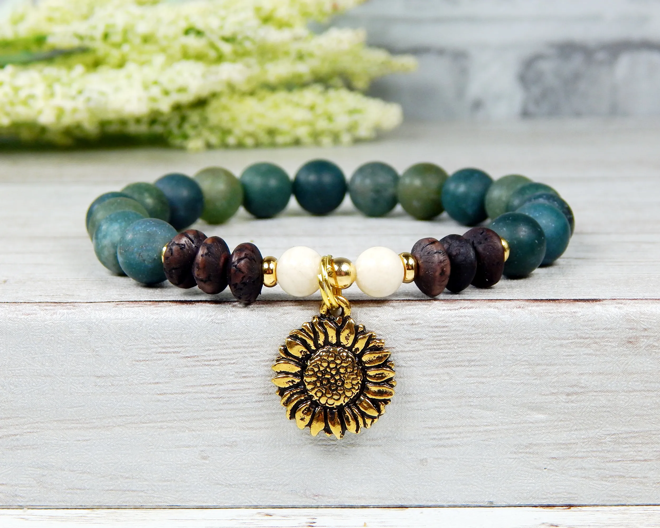 Sunflower Bracelet - Nature Jewelry - Green Beaded Earthy Bracelet