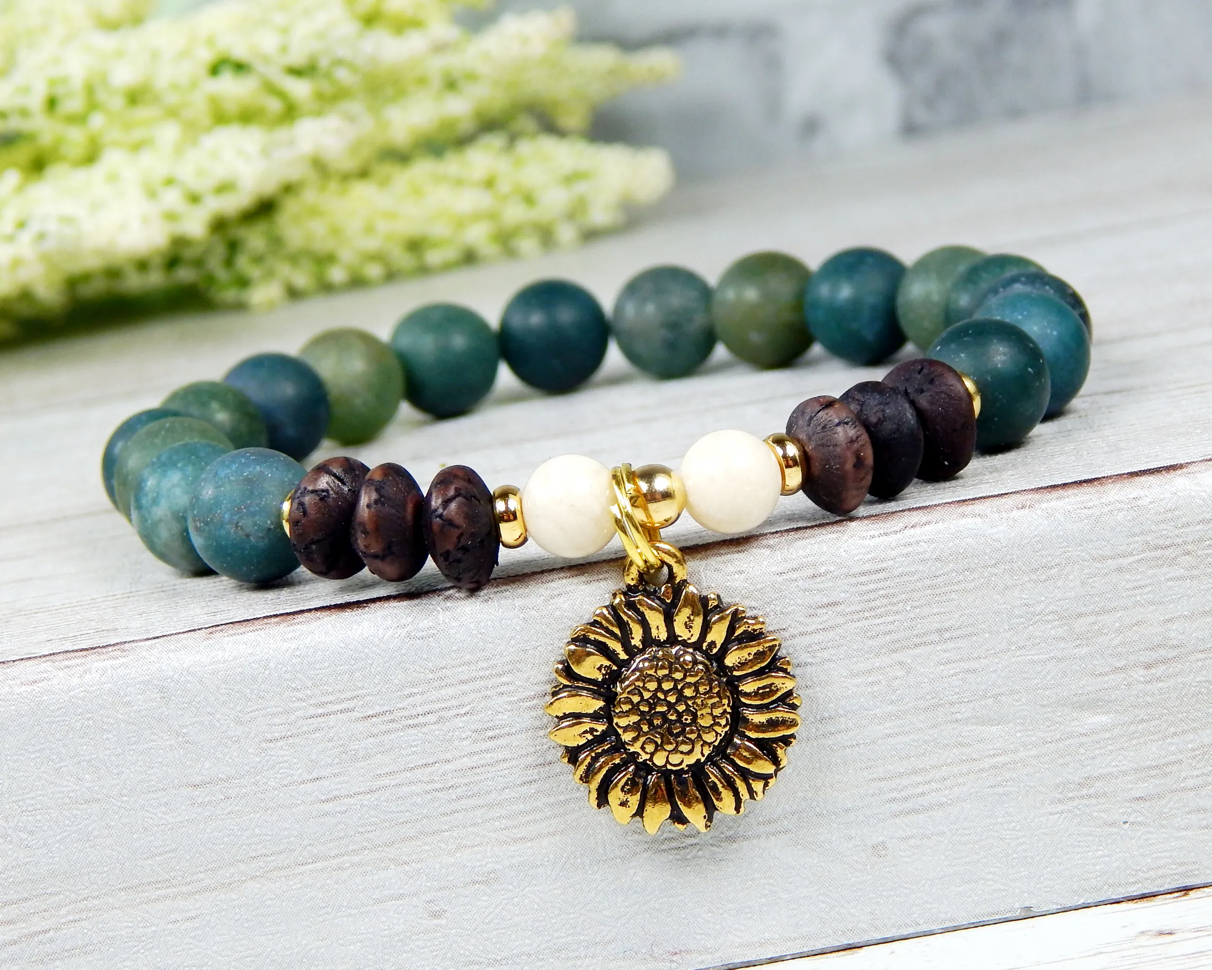 Sunflower Bracelet - Nature Jewelry - Green Beaded Earthy Bracelet