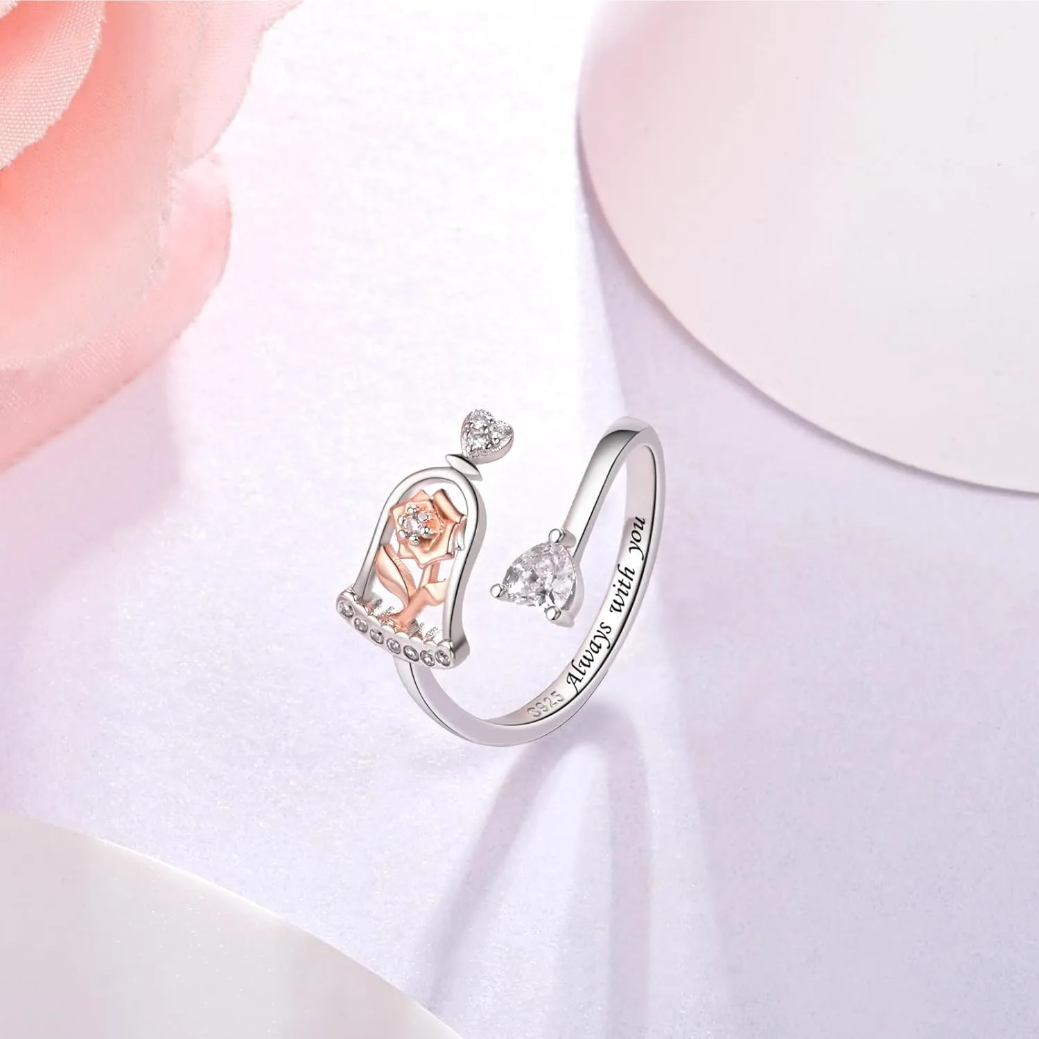 Thumb Rings Rose Ring Birthstone Rings for Women - 925 Sterling Silver Adjustable Rose Flower Jewelry Gifts for Wife Mom Daughter