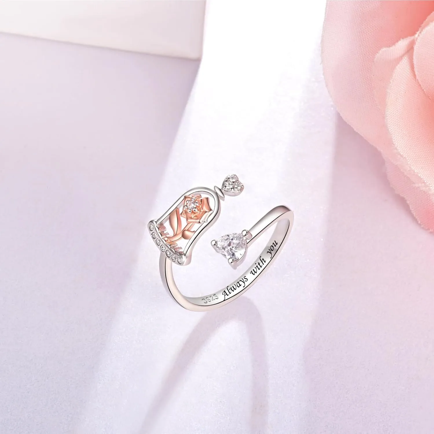Thumb Rings Rose Ring Birthstone Rings for Women - 925 Sterling Silver Adjustable Rose Flower Jewelry Gifts for Wife Mom Daughter