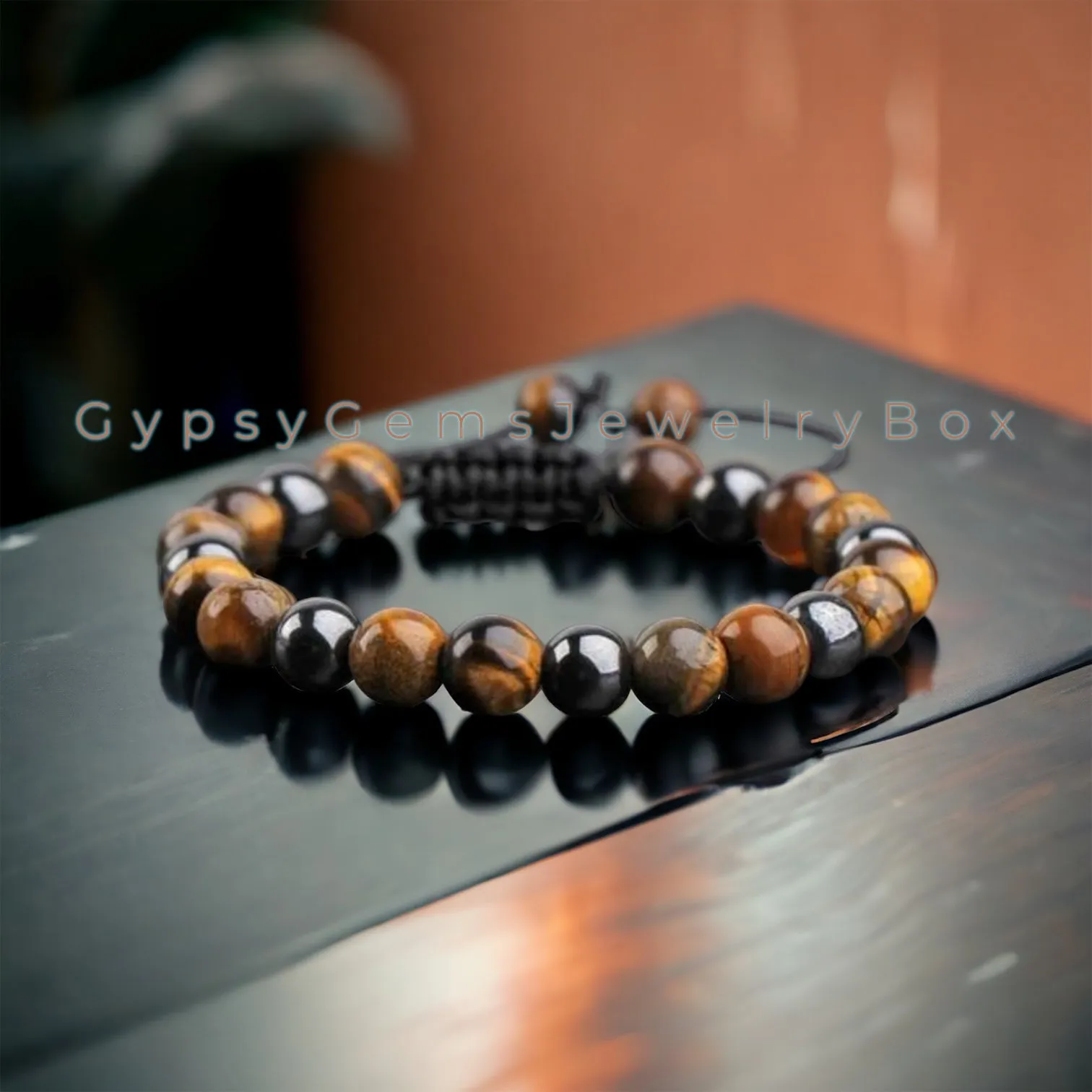 Tiger’s Eye - Yellow Tiger Eye•Hematite•Braided Macrame Adjustable Sliding Knot Round Smooth (8mm) Natural Gemstone Crystal Energy Bead Bracelet