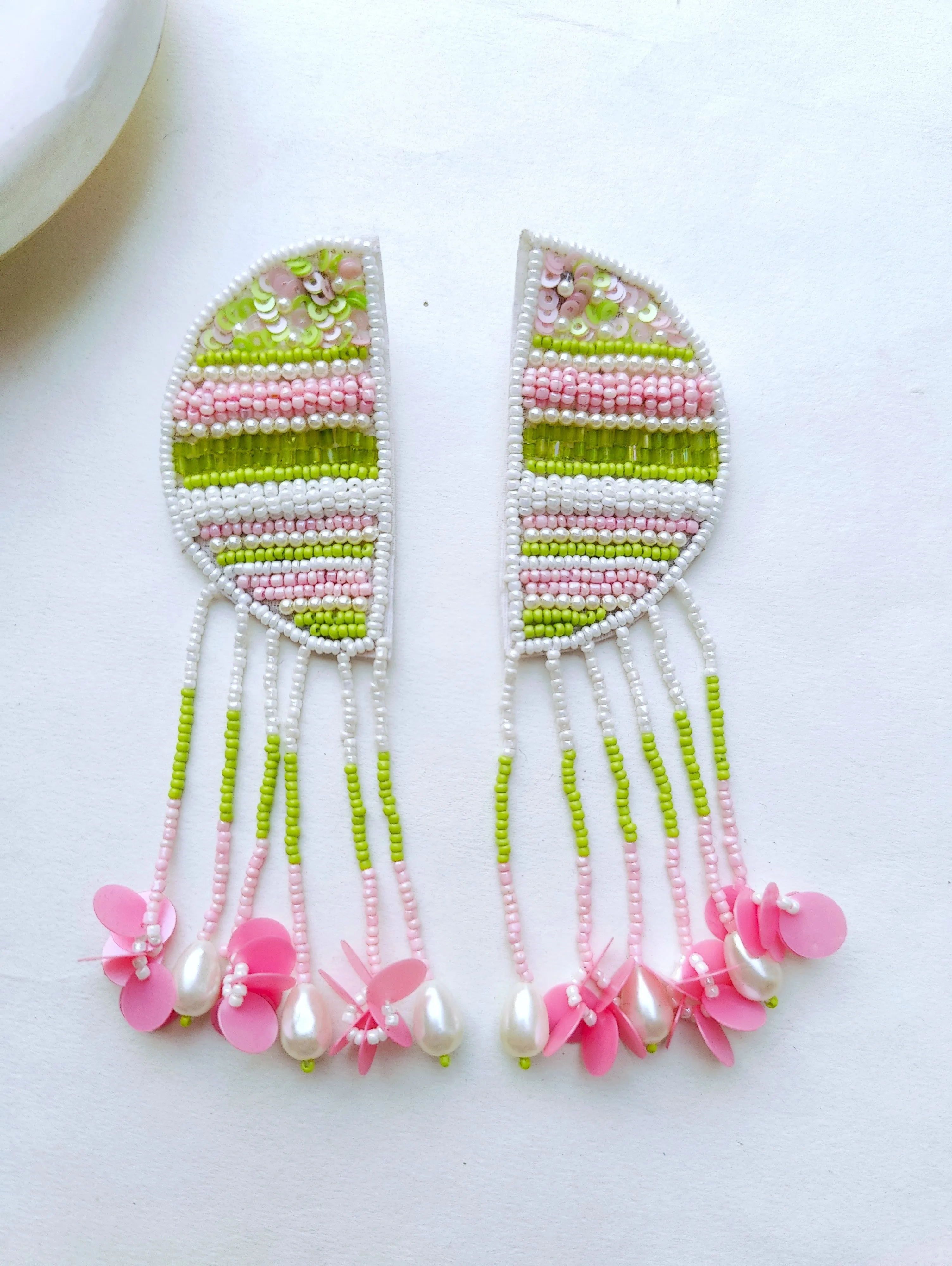Tradition Meets Trend: Green-Pink Handmade Halfmoon Earrings for Chic Women & Girls