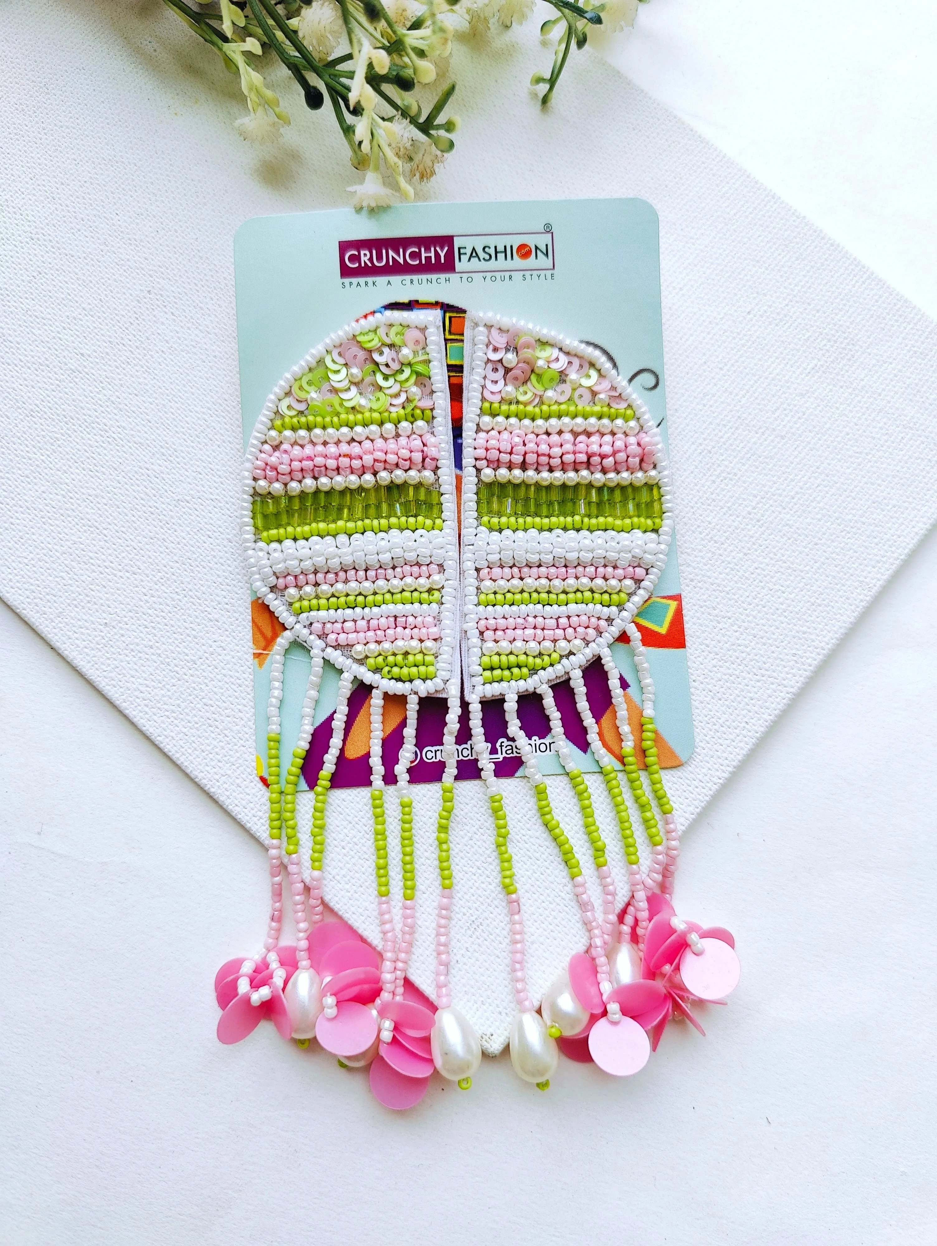 Tradition Meets Trend: Green-Pink Handmade Halfmoon Earrings for Chic Women & Girls