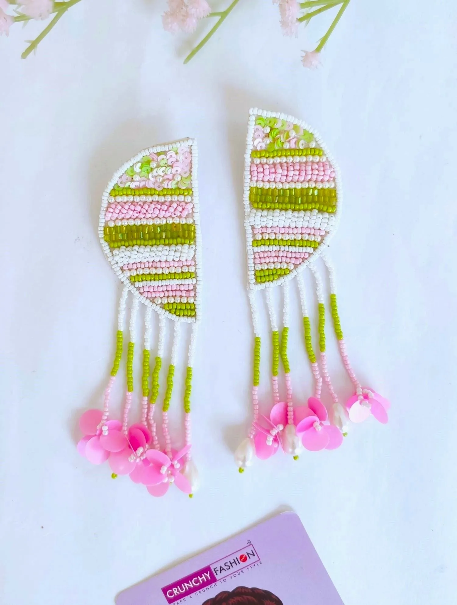 Tradition Meets Trend: Green-Pink Handmade Halfmoon Earrings for Chic Women & Girls