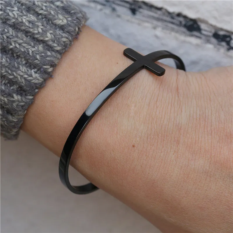 Trendy Stainless Steel Titanium Steel C- Shaped Cross Bracelet European And American Simple Ins Style Adjustable Bracelet