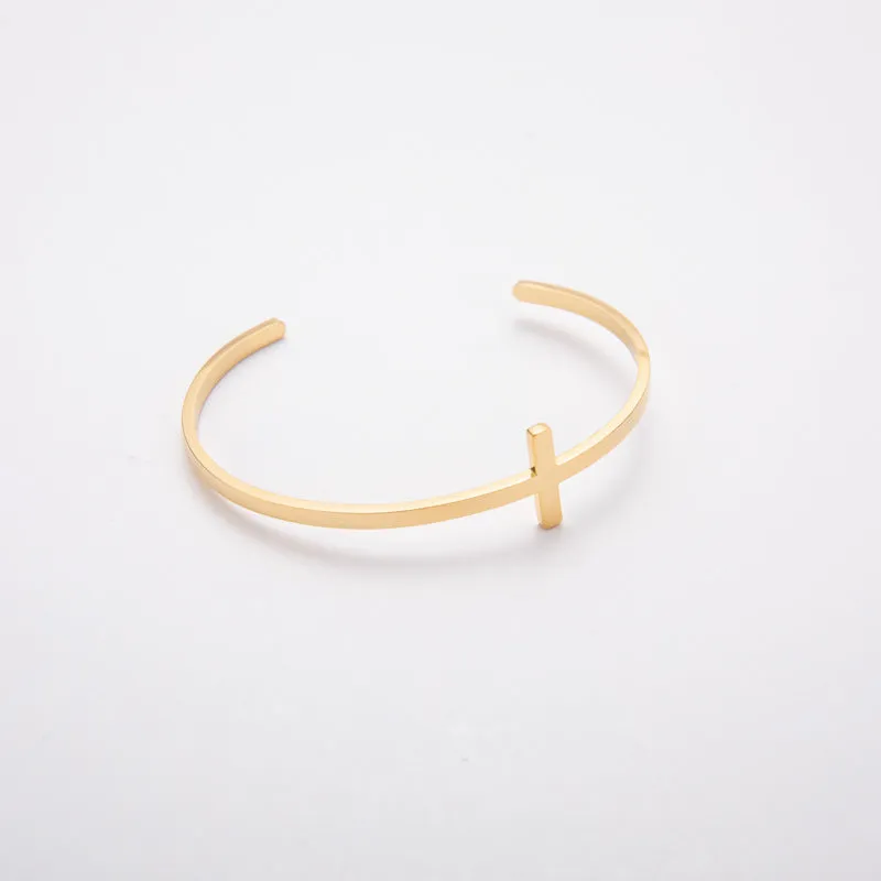 Trendy Stainless Steel Titanium Steel C- Shaped Cross Bracelet European And American Simple Ins Style Adjustable Bracelet