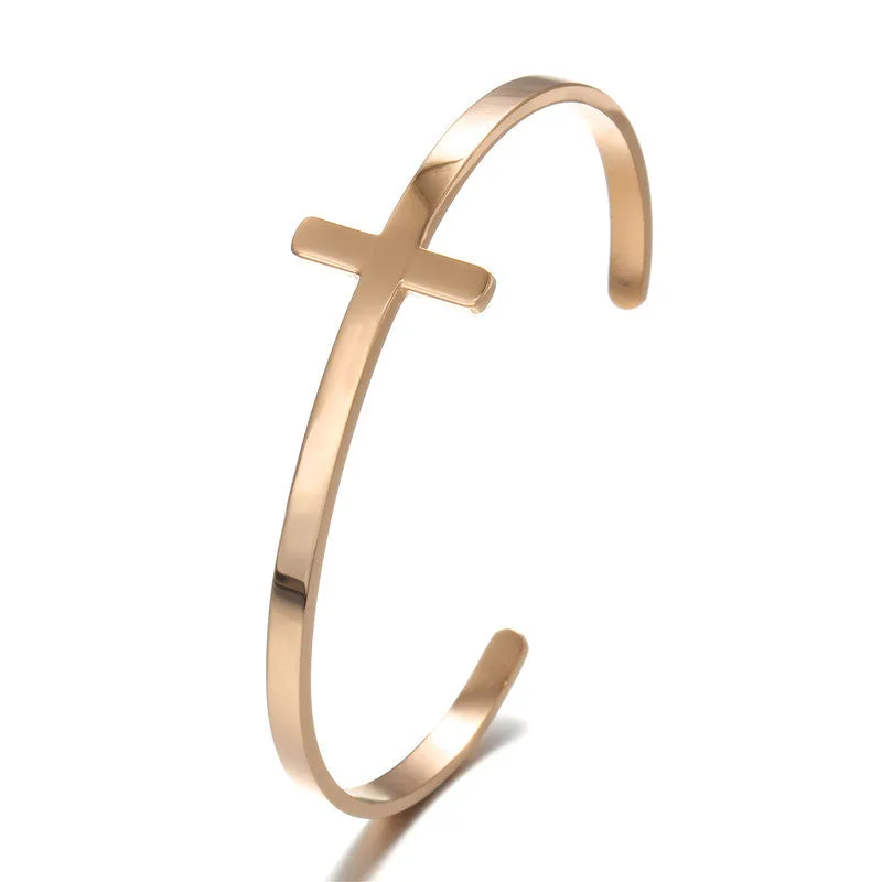 Trendy Stainless Steel Titanium Steel C- Shaped Cross Bracelet European And American Simple Ins Style Adjustable Bracelet