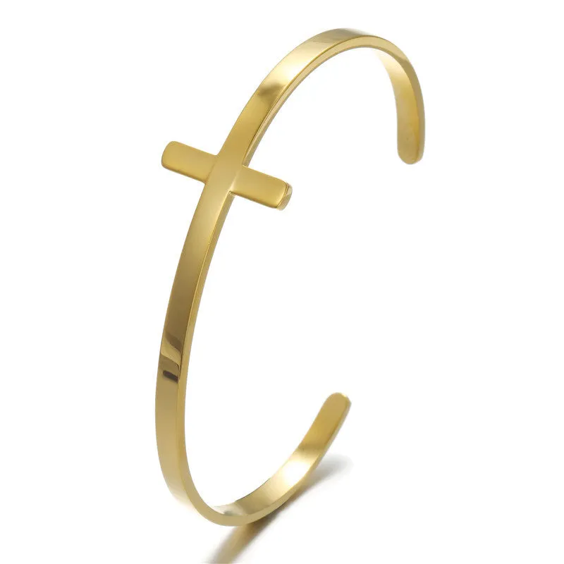 Trendy Stainless Steel Titanium Steel C- Shaped Cross Bracelet European And American Simple Ins Style Adjustable Bracelet