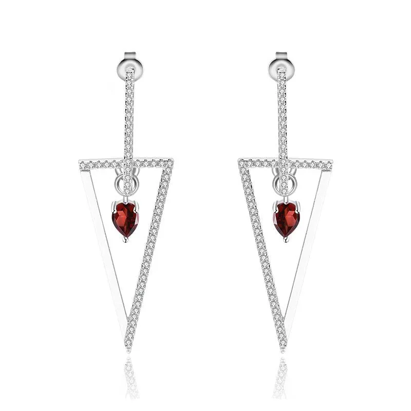 Triangle 925 Sterling Silver Chic Earrings Red Garnet Drop
