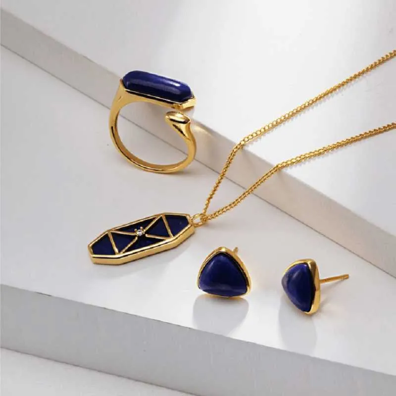 Triangle Lapis Lazuli Stud Earrings  -Gold Vermeil