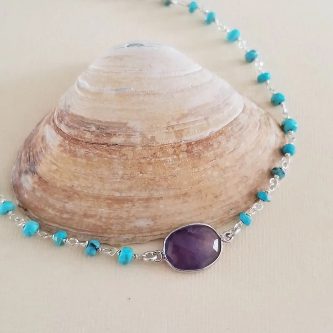 Turquoise and Amethyst Beaded Necklace, Boho Stone Necklace for Women