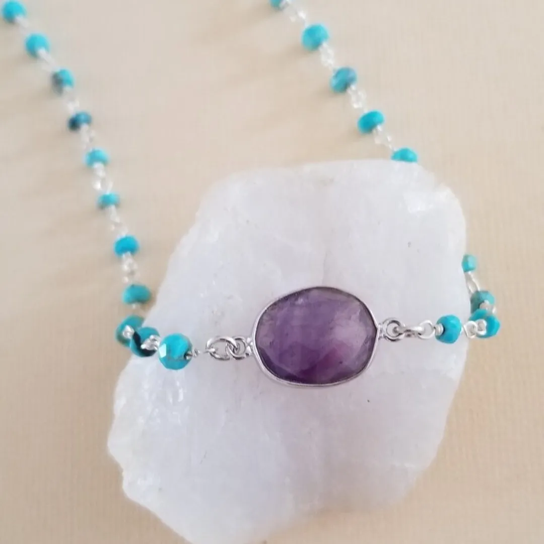 Turquoise and Amethyst Beaded Necklace, Boho Stone Necklace for Women