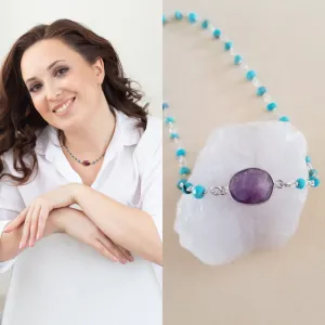 Turquoise and Amethyst Beaded Necklace, Boho Stone Necklace for Women