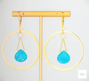 Turquoise Gold Hoop Earrings - Dangling Gold Hoops: Turquoise Howlite Gemstone Earrings