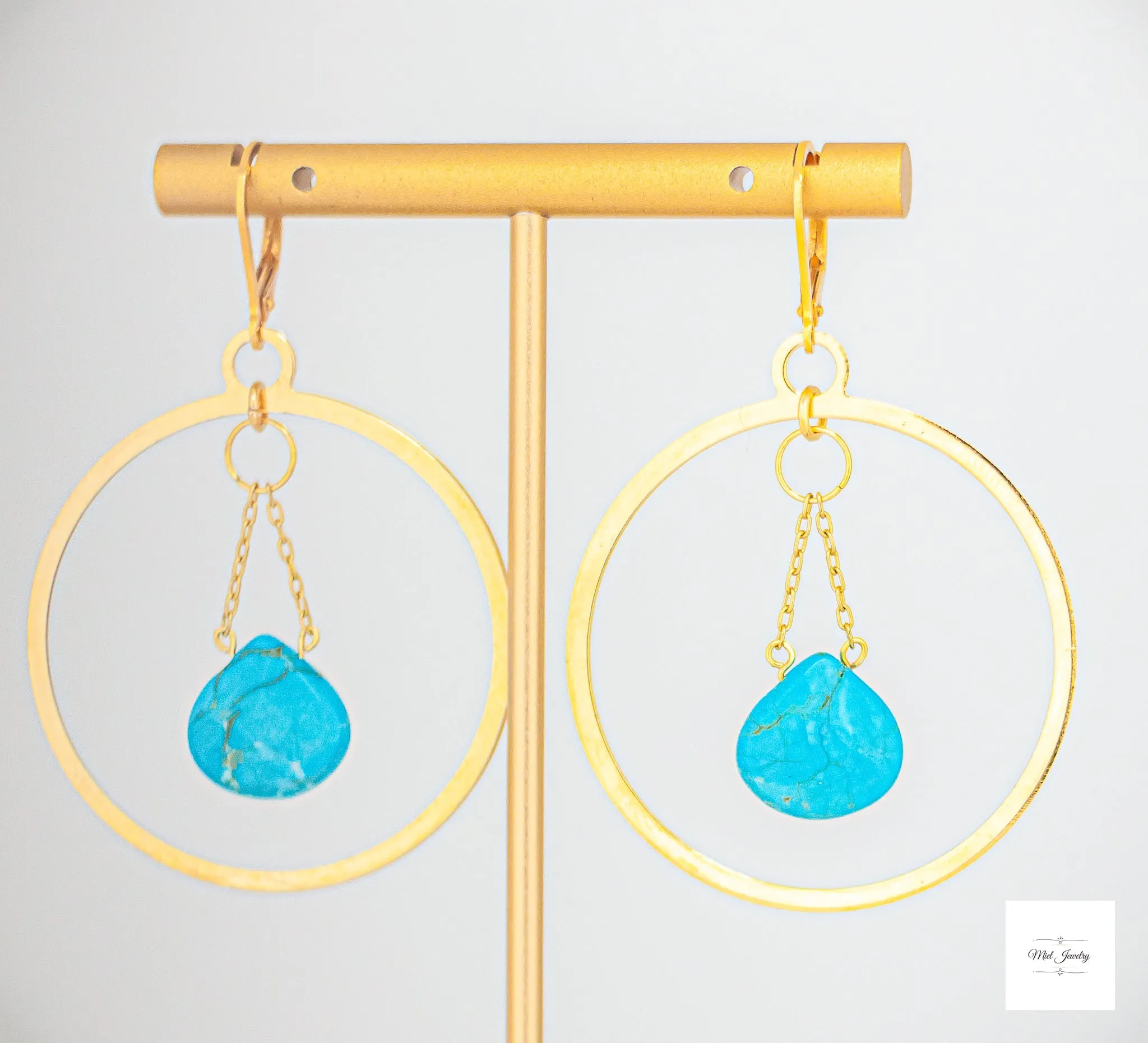 Turquoise Gold Hoop Earrings - Dangling Gold Hoops: Turquoise Howlite Gemstone Earrings