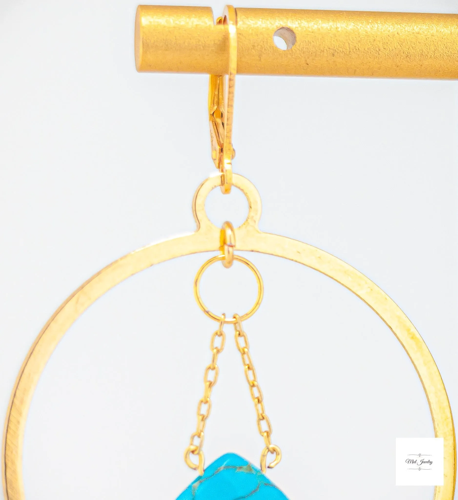 Turquoise Gold Hoop Earrings - Dangling Gold Hoops: Turquoise Howlite Gemstone Earrings