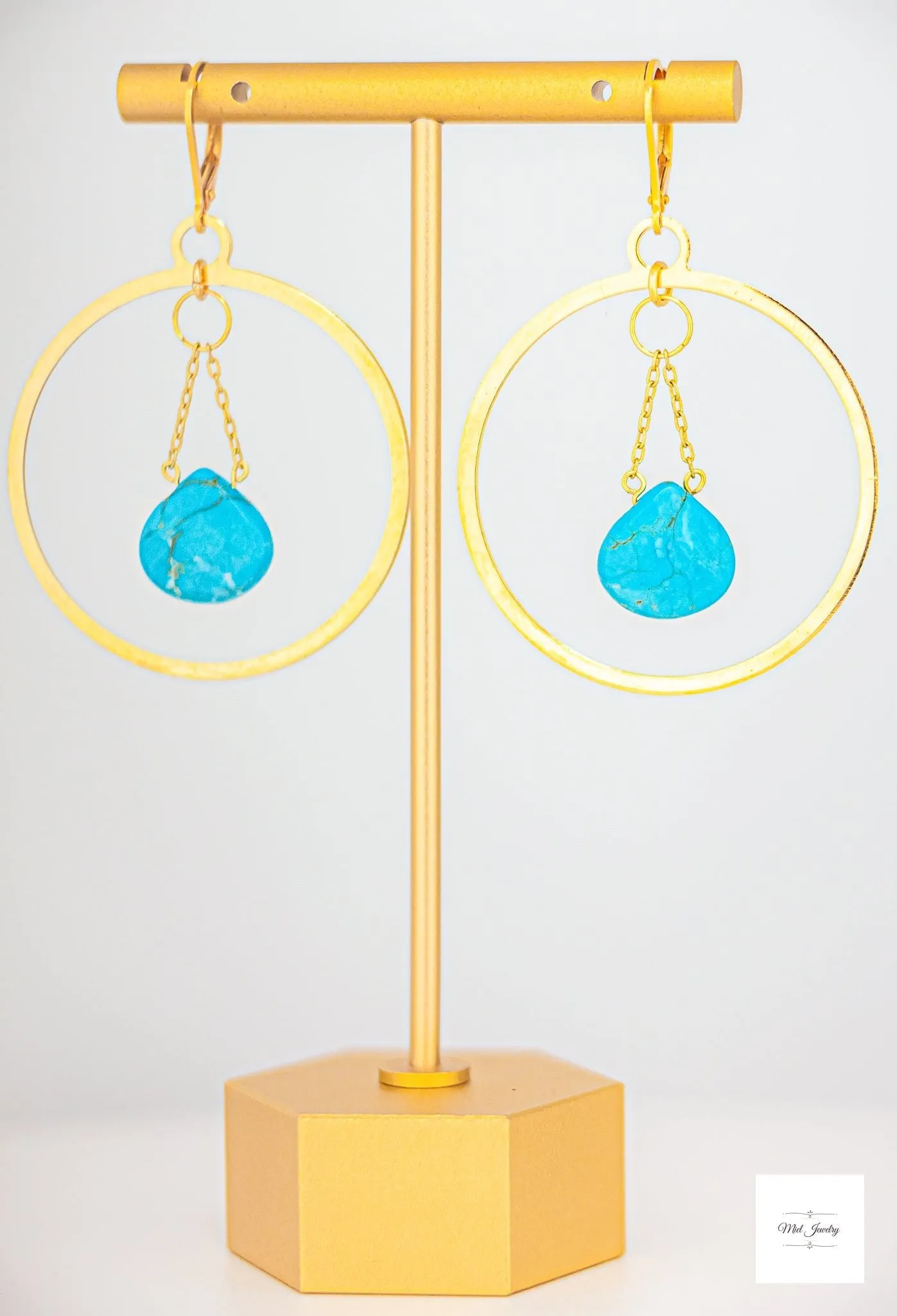 Turquoise Gold Hoop Earrings - Dangling Gold Hoops: Turquoise Howlite Gemstone Earrings