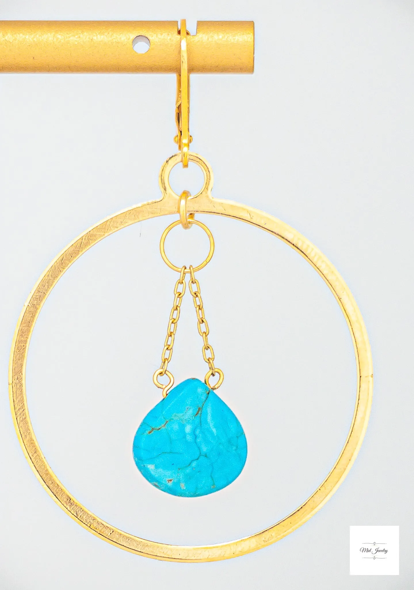 Turquoise Gold Hoop Earrings - Dangling Gold Hoops: Turquoise Howlite Gemstone Earrings