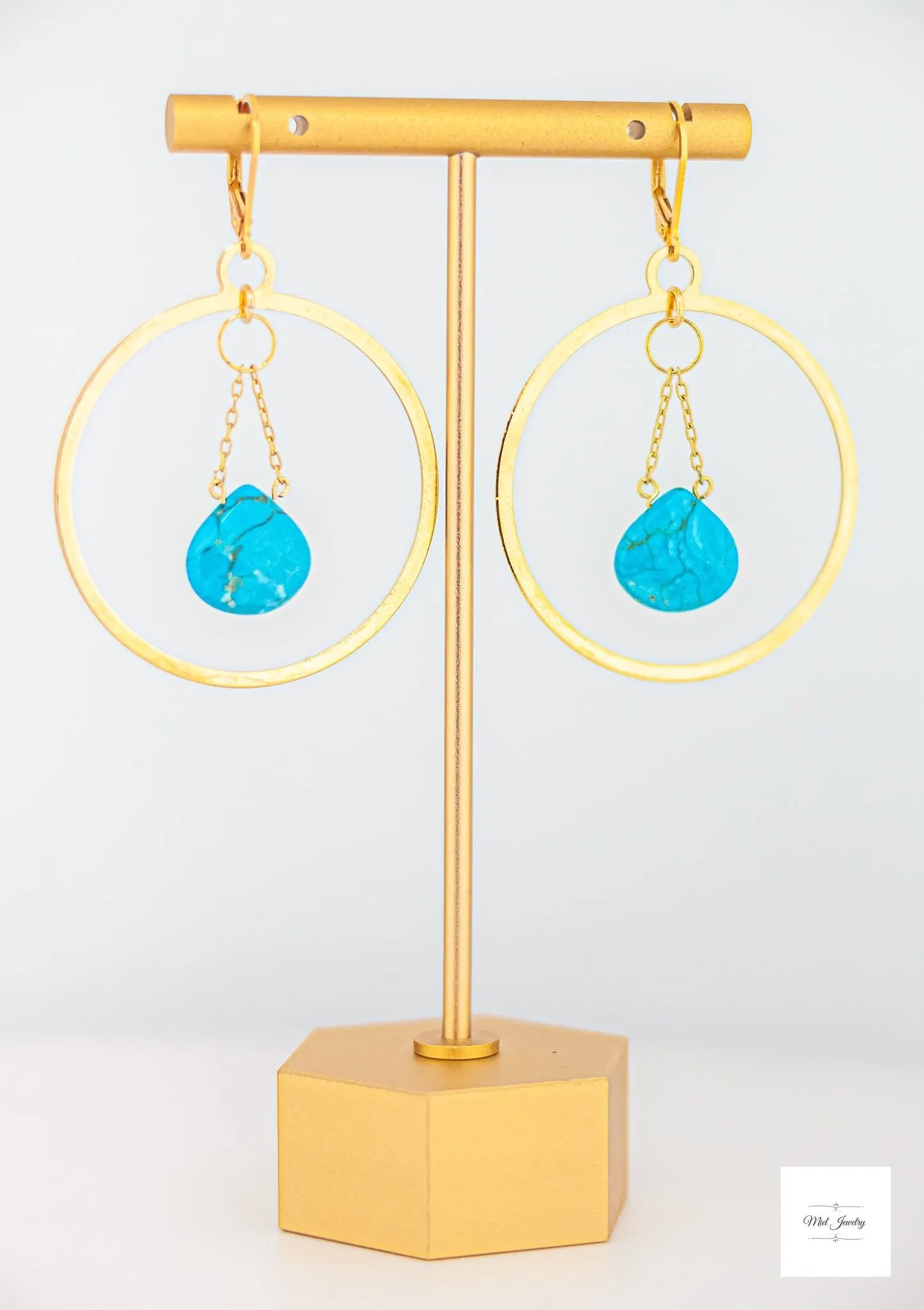 Turquoise Gold Hoop Earrings - Dangling Gold Hoops: Turquoise Howlite Gemstone Earrings