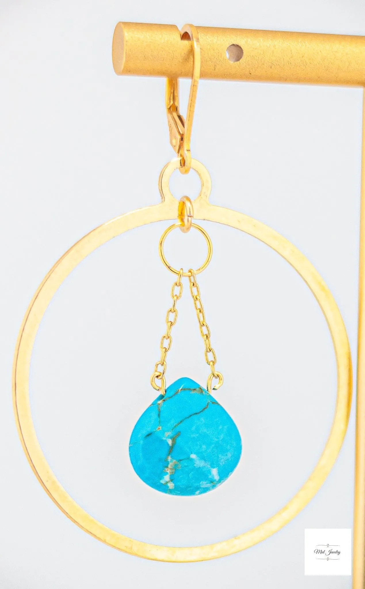 Turquoise Gold Hoop Earrings - Dangling Gold Hoops: Turquoise Howlite Gemstone Earrings