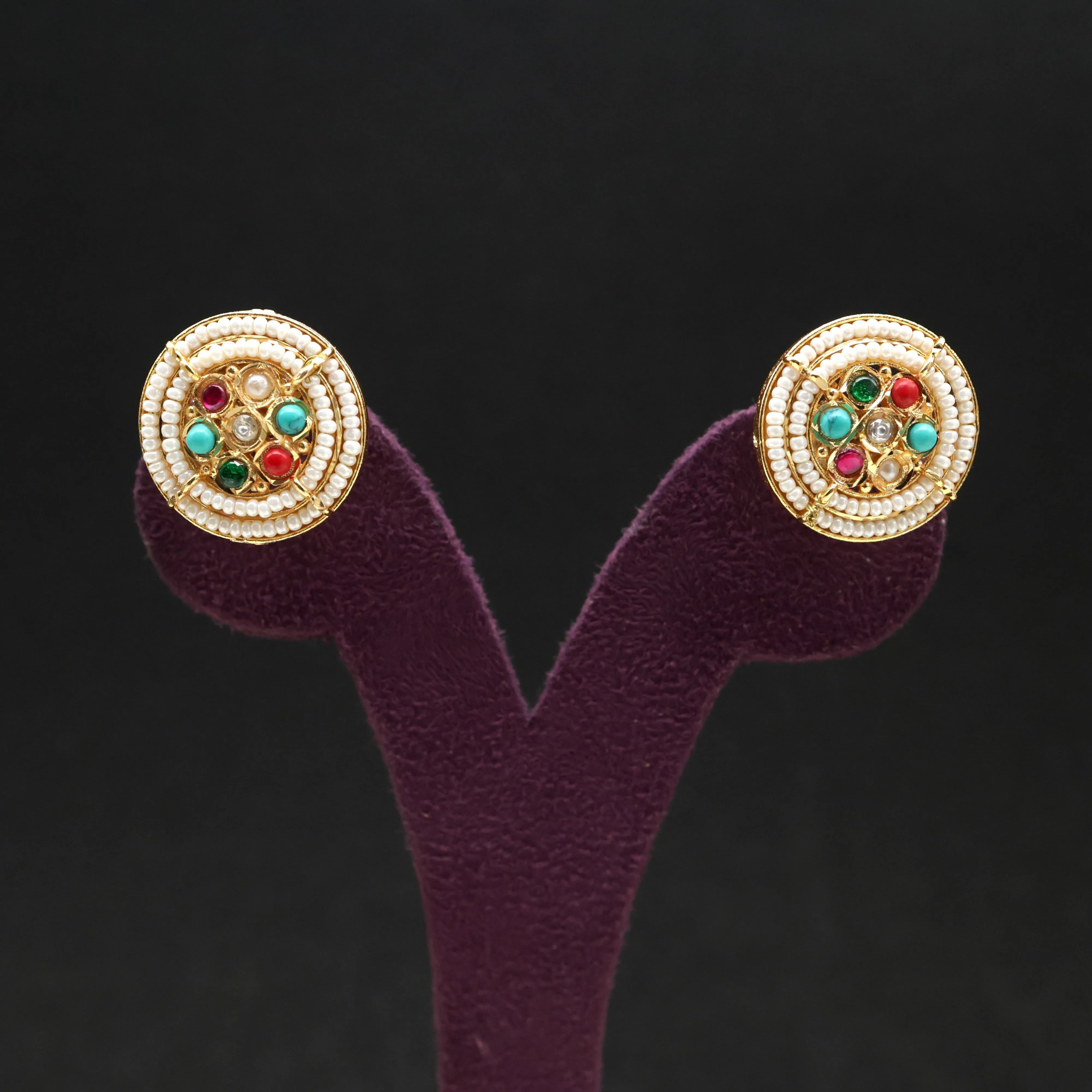 Two Line Chakra Pearl Jadau Kundan Stud Earrings - Saptharathna