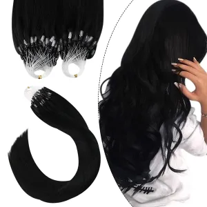 Ugeat Microlink Hair Extensions Human Hair Real Human Hair Extensions Micro Ring Hair Extensions Human Hair Straight Nano Rings Tipped Hair Jet Black #1 1g/1strand 50G/50Strands 22 Inch