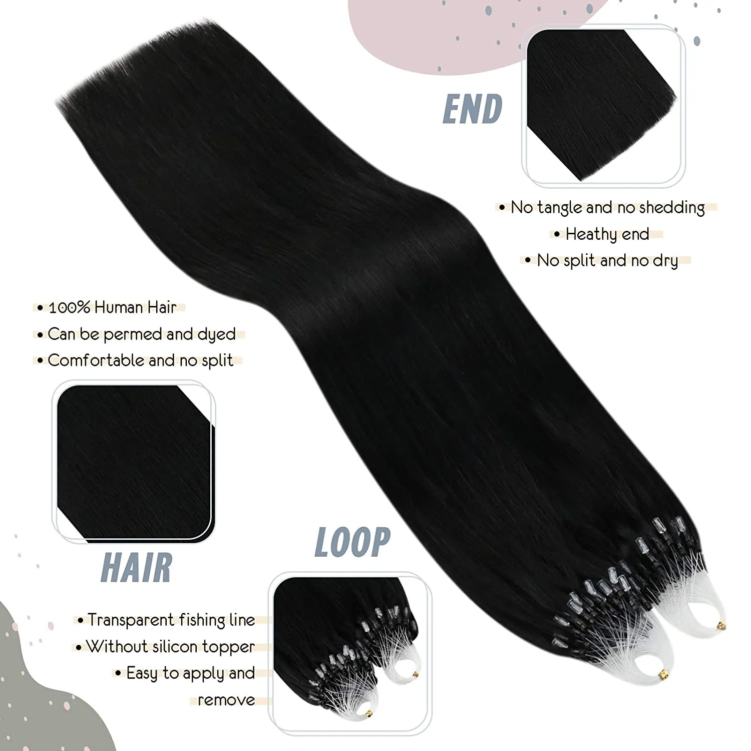 Ugeat Microlink Hair Extensions Human Hair Real Human Hair Extensions Micro Ring Hair Extensions Human Hair Straight Nano Rings Tipped Hair Jet Black #1 1g/1strand 50G/50Strands 22 Inch