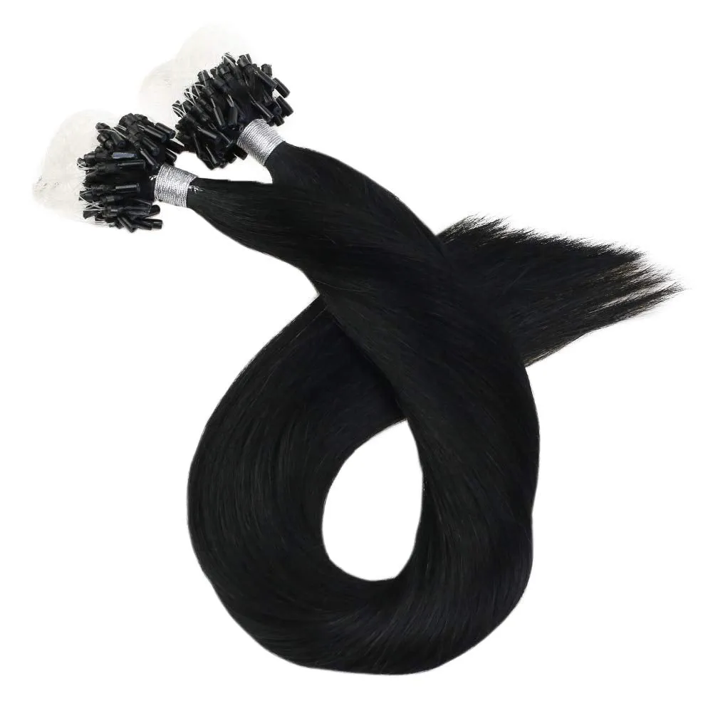 Ugeat Microlink Hair Extensions Human Hair Real Human Hair Extensions Micro Ring Hair Extensions Human Hair Straight Nano Rings Tipped Hair Jet Black #1 1g/1strand 50G/50Strands 22 Inch