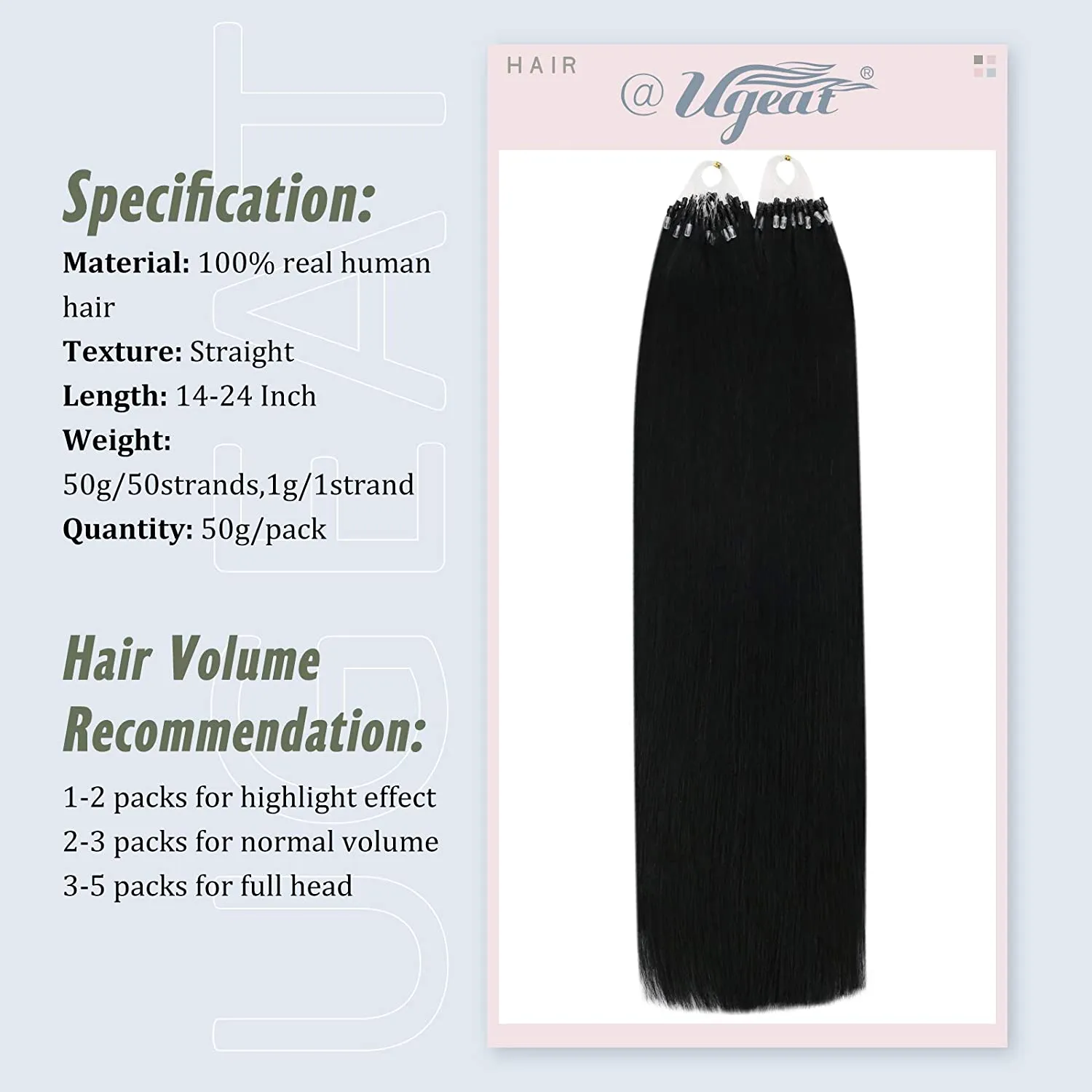 Ugeat Microlink Hair Extensions Human Hair Real Human Hair Extensions Micro Ring Hair Extensions Human Hair Straight Nano Rings Tipped Hair Jet Black #1 1g/1strand 50G/50Strands 22 Inch