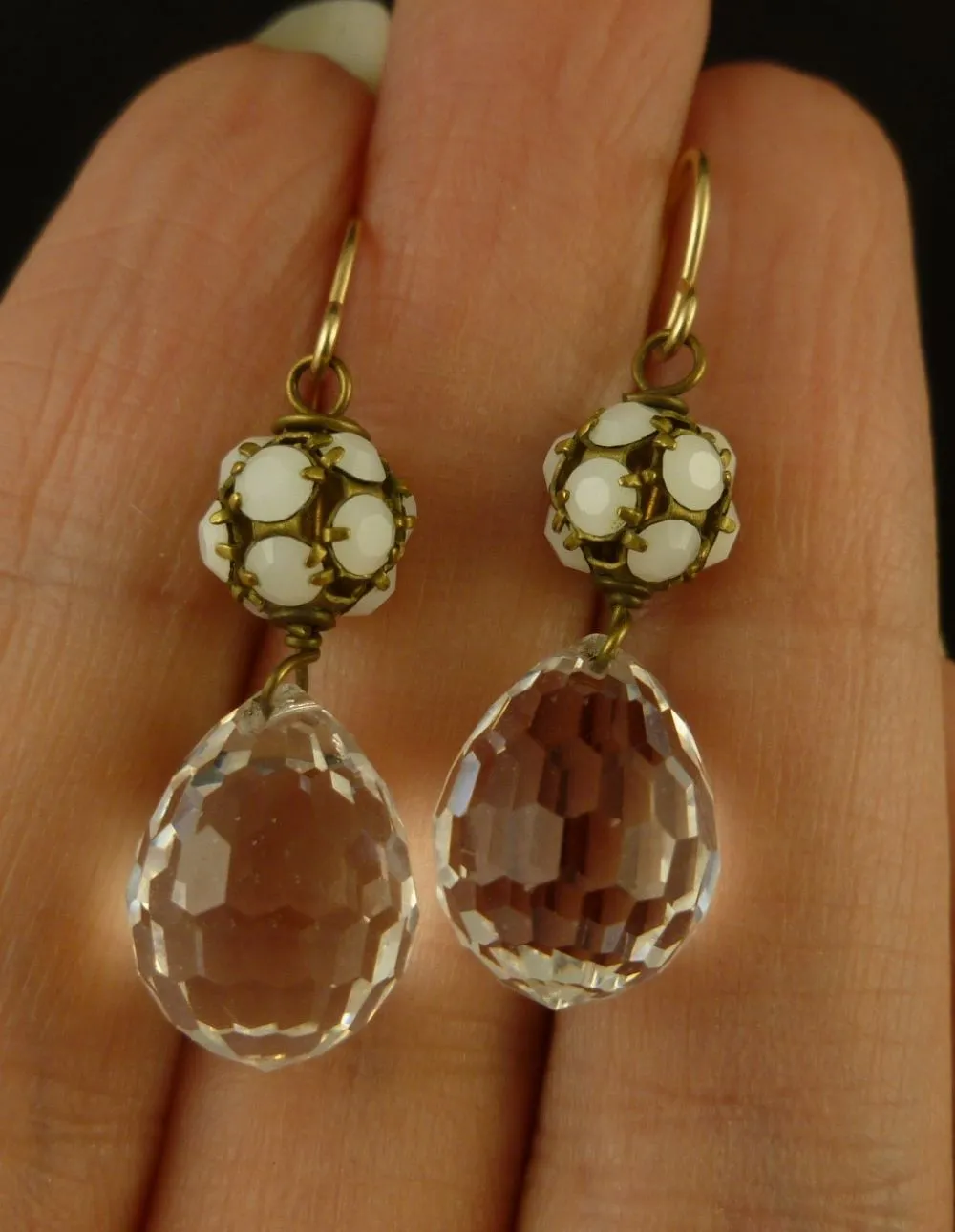 Victorian White Enamel & Rock Crystal Drop Gold Earrings