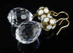 Victorian White Enamel & Rock Crystal Drop Gold Earrings