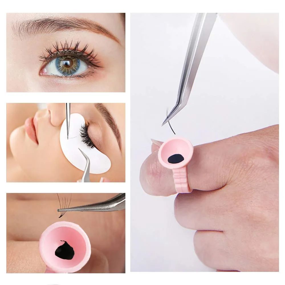 WINMIU 300PCS Disposable Tattoo Lash Glue Rings for Eyelash Extensions, Nail Art Plastic Glue Supplies Rings Cups Holder, Finger Hand Beauty Tools, Pigment Nail Eyelash Glue Ring Holders (Pink)