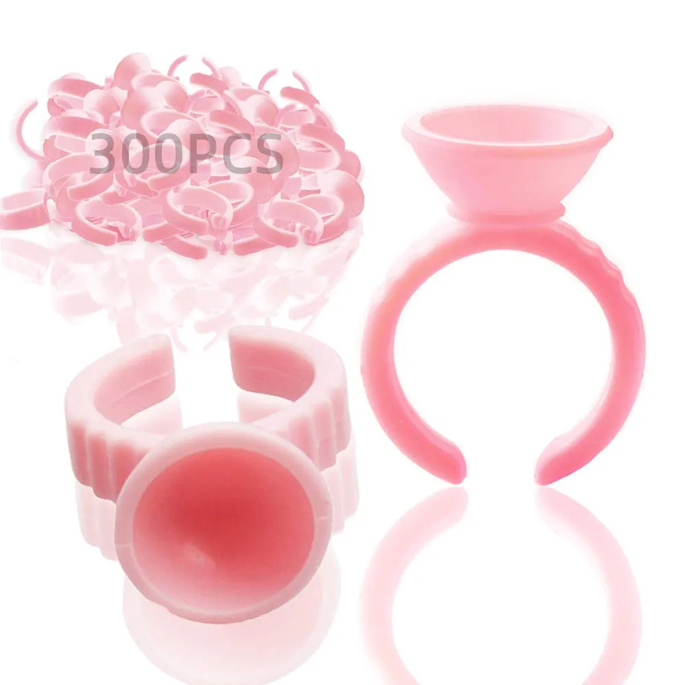WINMIU 300PCS Disposable Tattoo Lash Glue Rings for Eyelash Extensions, Nail Art Plastic Glue Supplies Rings Cups Holder, Finger Hand Beauty Tools, Pigment Nail Eyelash Glue Ring Holders (Pink)