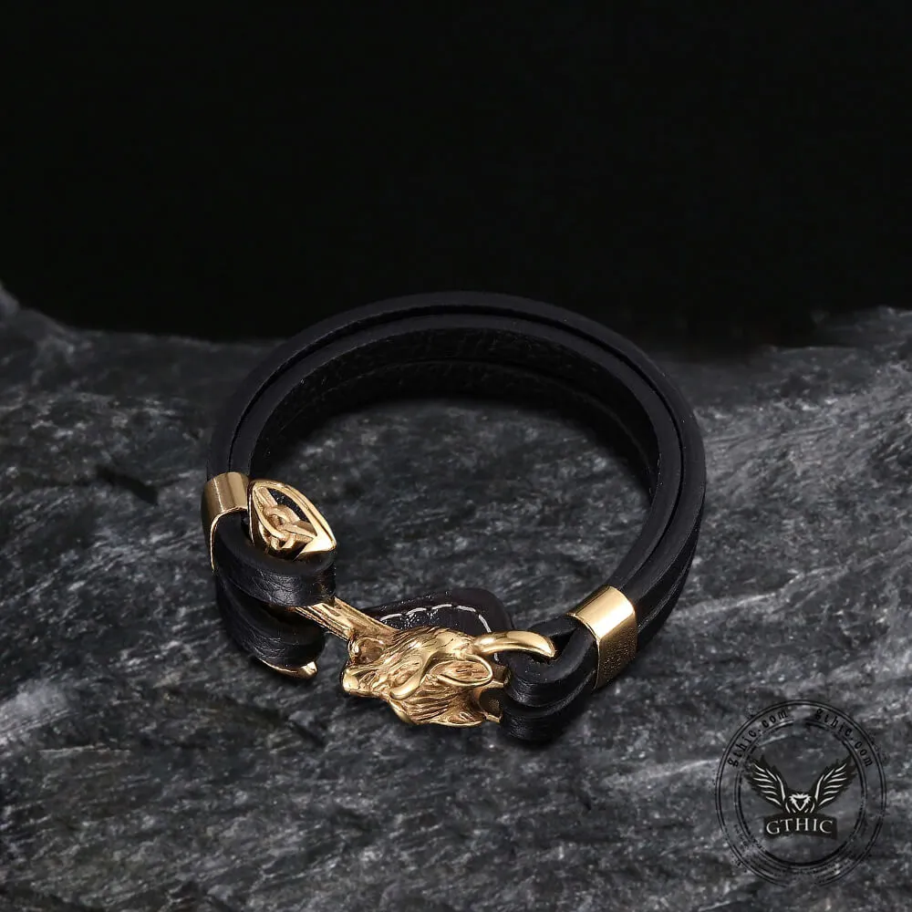 Wolf Head Braided Stainless Steel Leather Bracelet