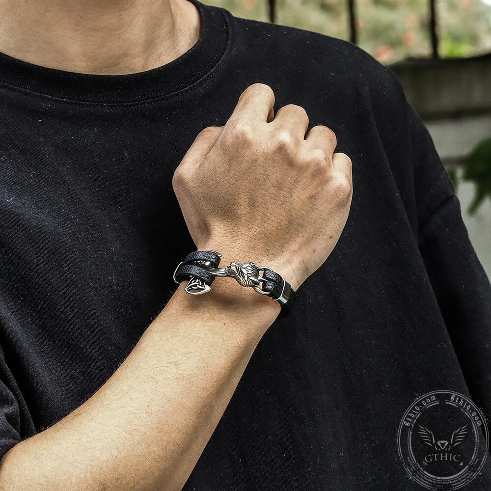 Wolf Head Braided Stainless Steel Leather Bracelet