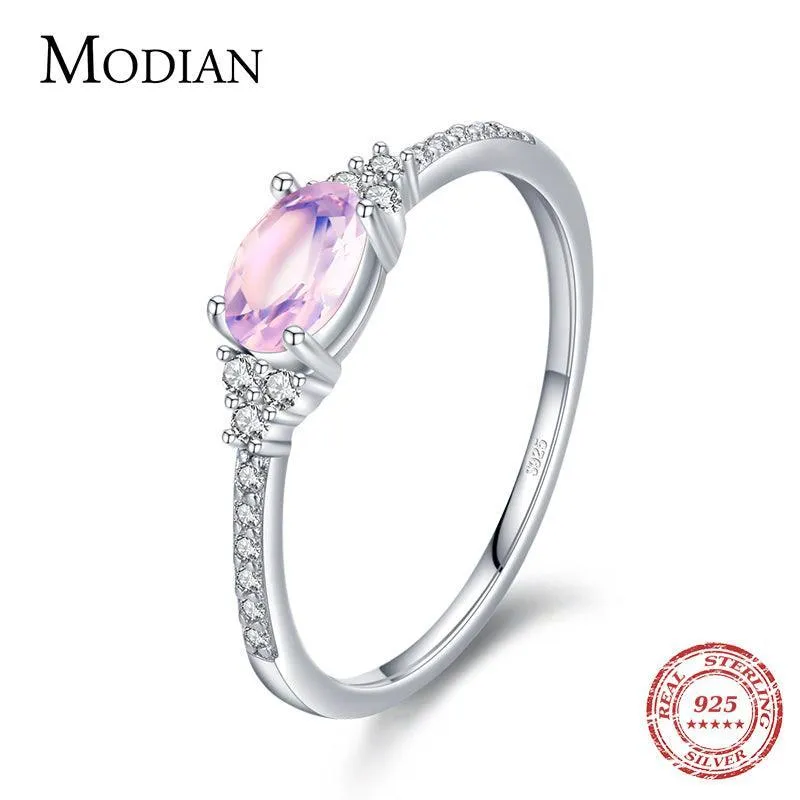 Women Silver Pink Moon Sterling Stone Elegant Stackable Finger Ring For Christmas Jewelry