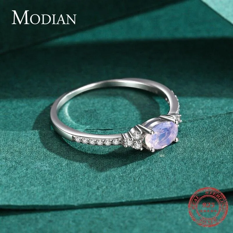 Women Silver Pink Moon Sterling Stone Elegant Stackable Finger Ring For Christmas Jewelry